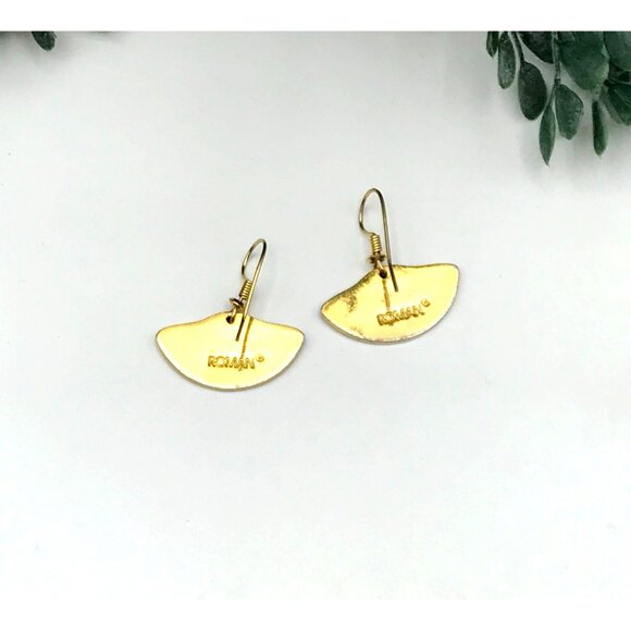 Vintage Gold & Black Enamel Roman Half-Moon Drop Earrings With Abstract Design - Picture 3 of 6